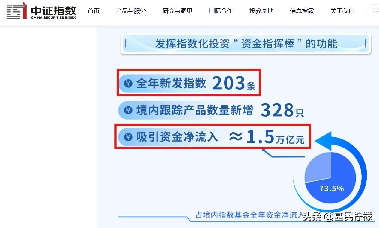 中证指数全年新发指数203条，吸引资金净流入约1.5万亿。目前在中证指数官网检索