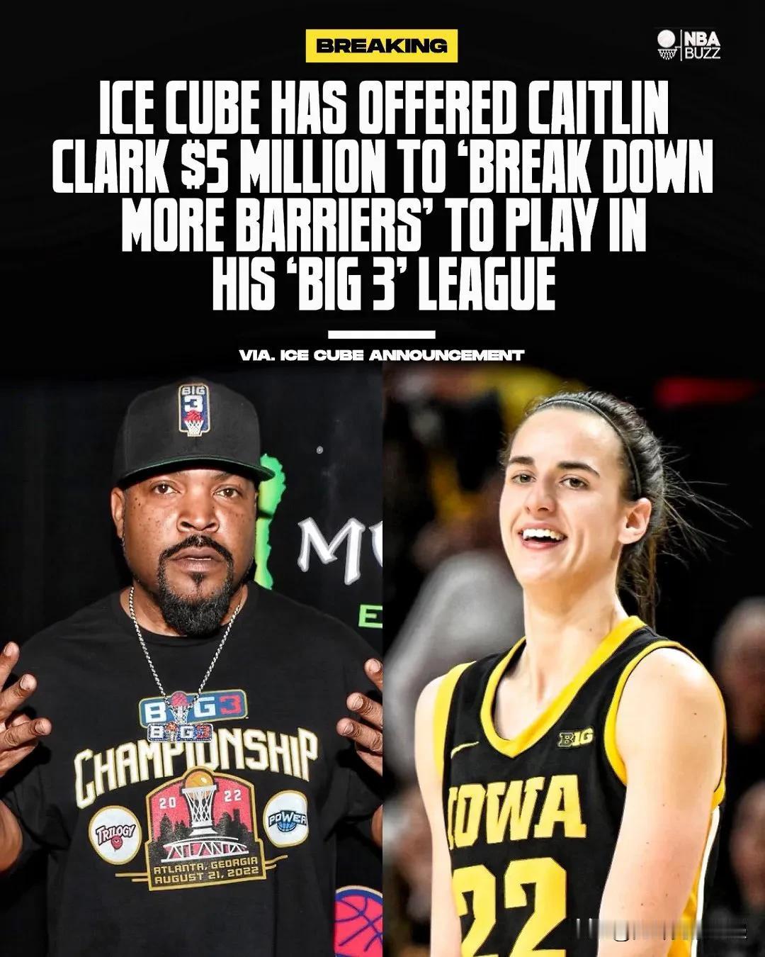 Ice Cube 向凯特琳·克拉克提供 500 万美元，以“打破更多障碍”参加 