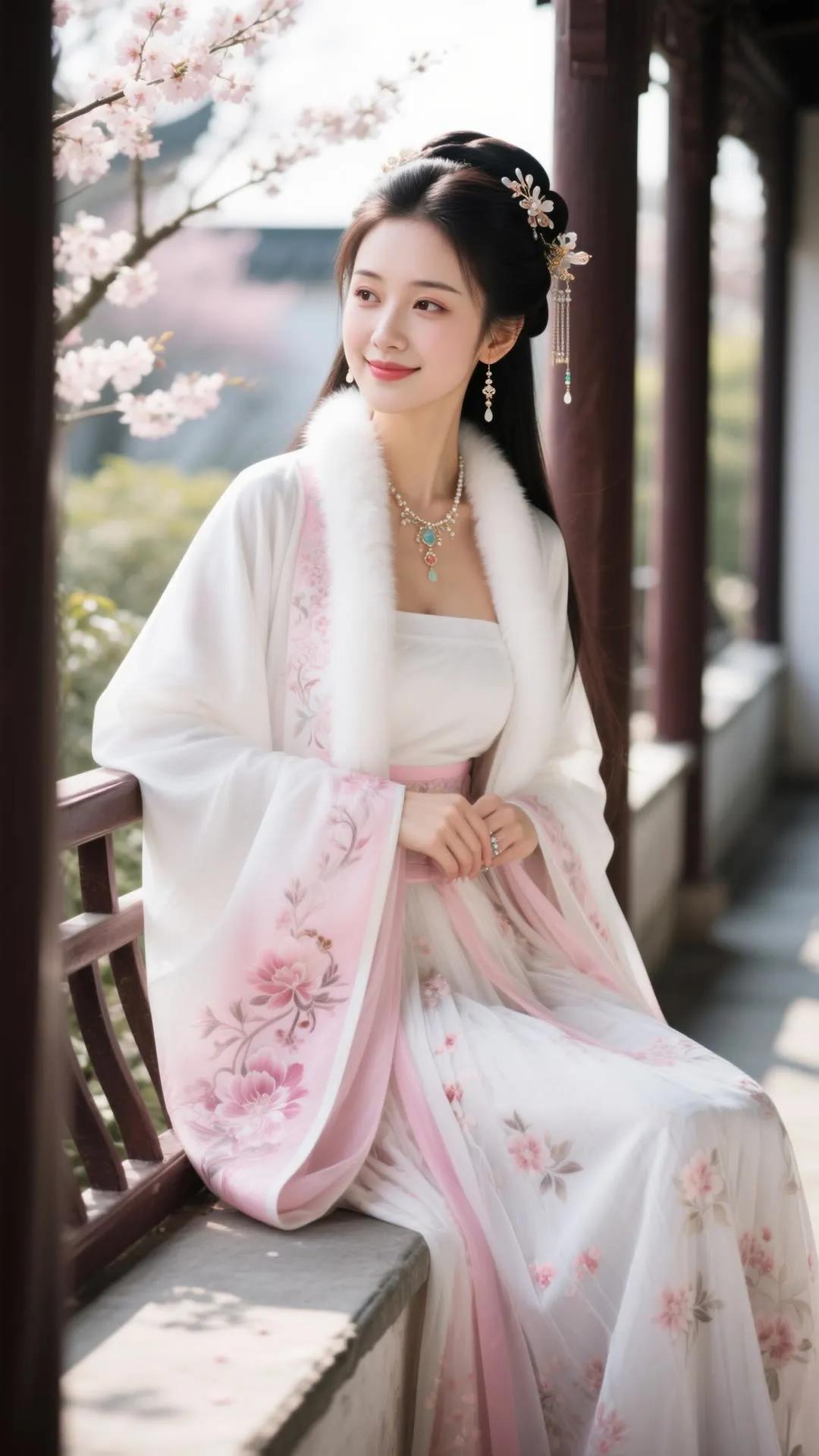 古风少女在樱花树下，温柔微笑，美如画卷。