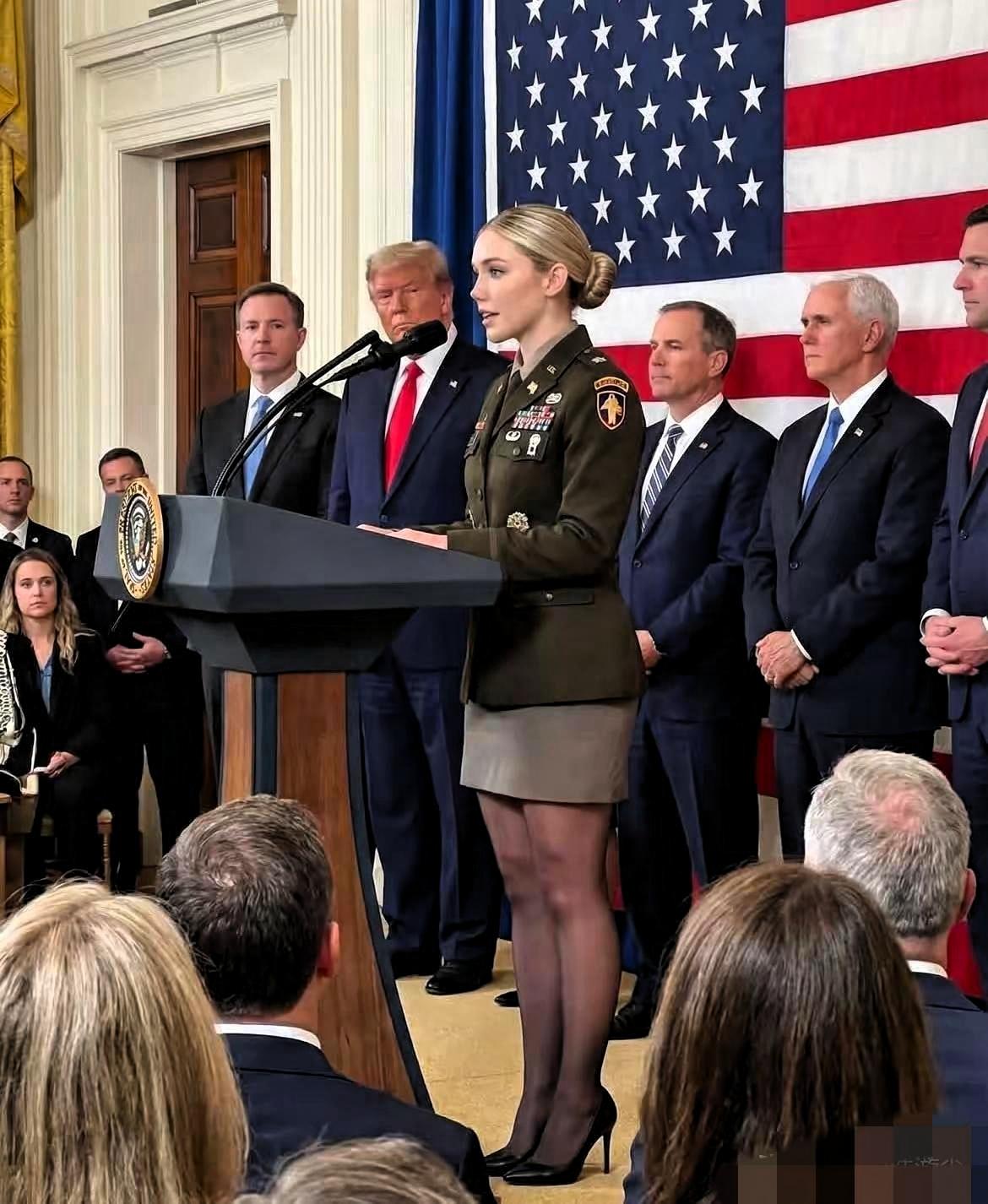这画面太“炸裂”！美国女军方高层竟能站在川普面前侃侃而谈，这地位稳得像泰山。
