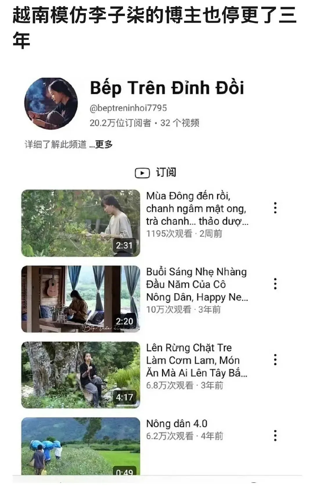 #越南模仿李子柒的博主也停更三年#抄袭李子柒的越南博主，厚颜无耻停更三年后再度现