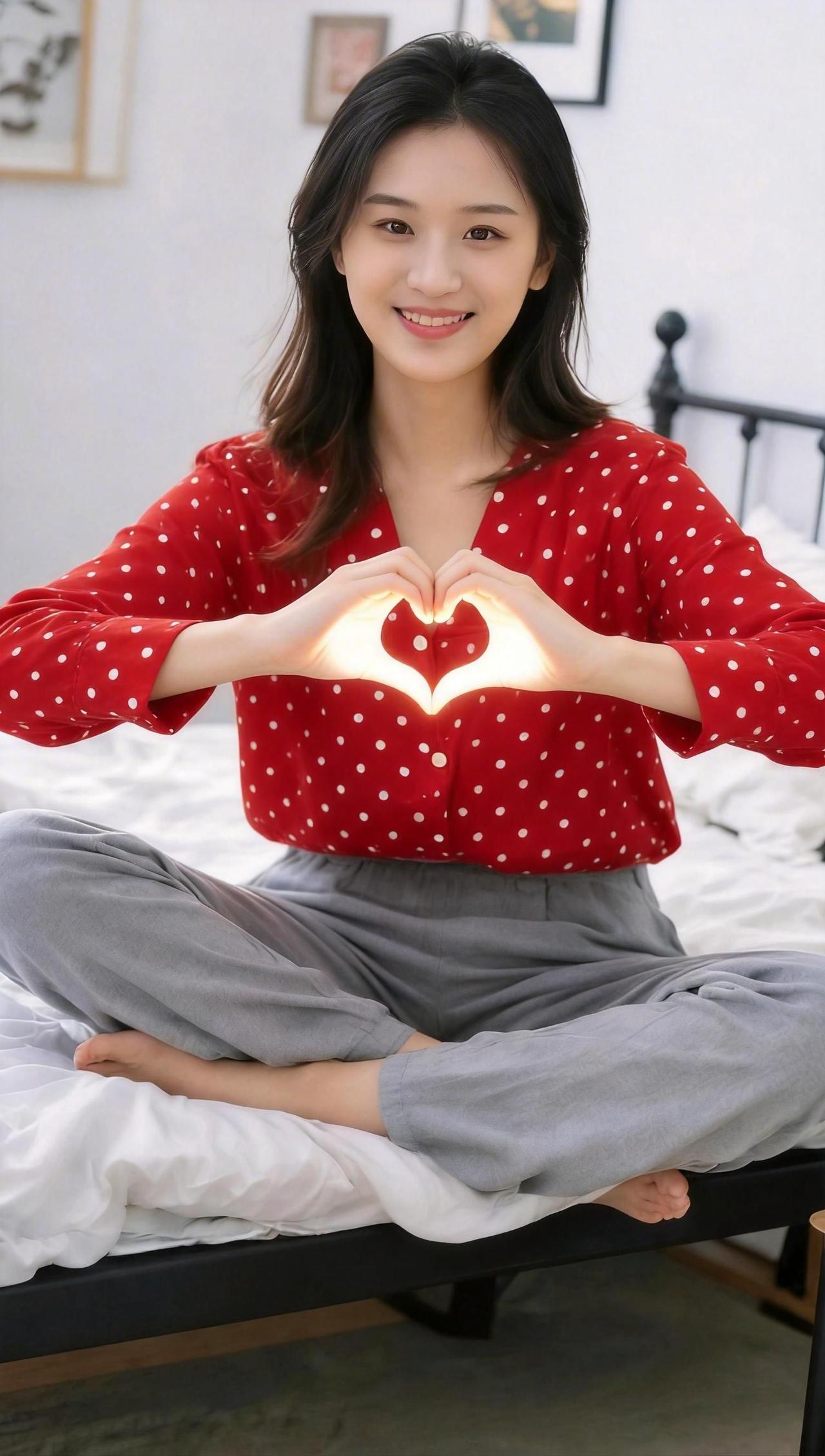 红色的波点与温暖的灯光交织，仿佛时间在这一刻静止。手中的比心手势，像是对生活的温