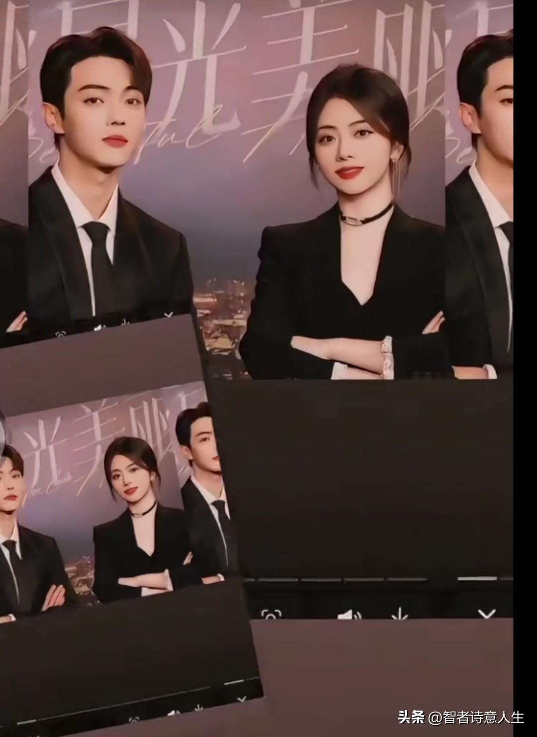 两位穿着正式的男女站在一起，背景美貌惊人，比星光美[心]江边情侣照 夜景西装大片