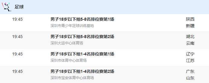 今晚关注一下全运会男足U18比赛辽宁队半决赛的对手是江苏队另外一场半决赛是东道主