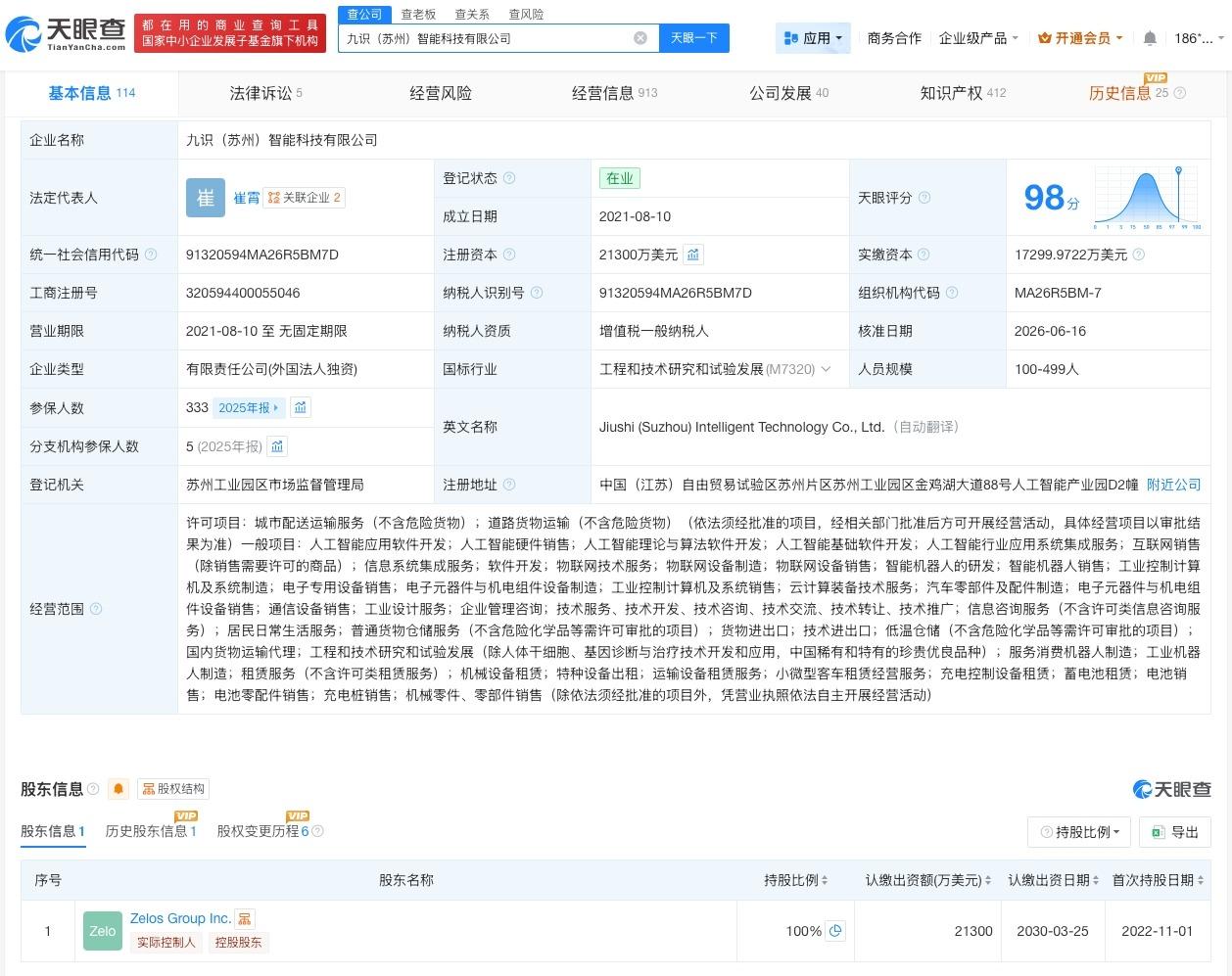 九识智能增资至2.13亿
天眼查App显示，近日，九识（苏州）智能科技有限公司发
