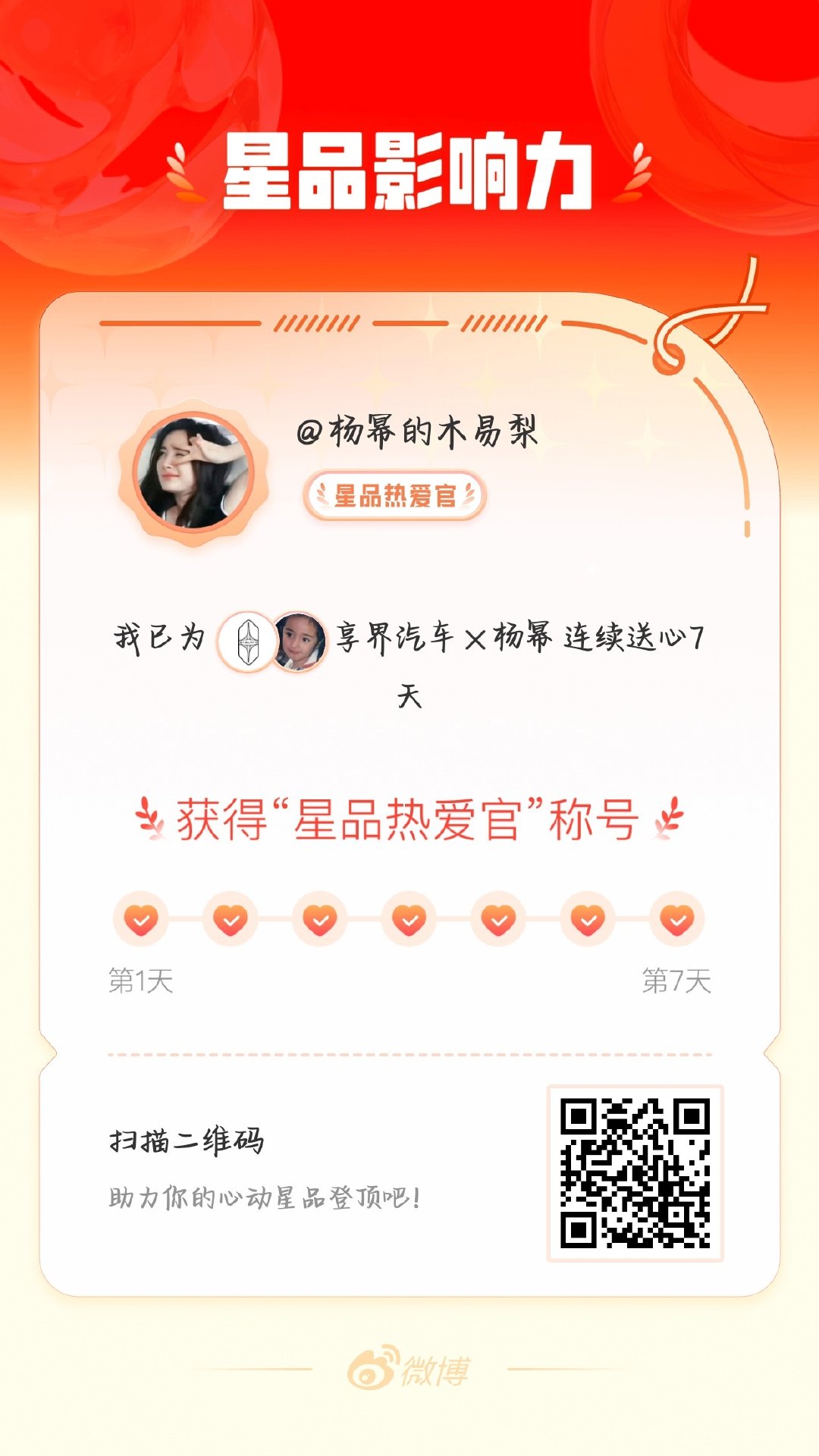 我在星品影响力上为 X 连续送心7天，获得“星品热爱官”称号！快来一起pick你