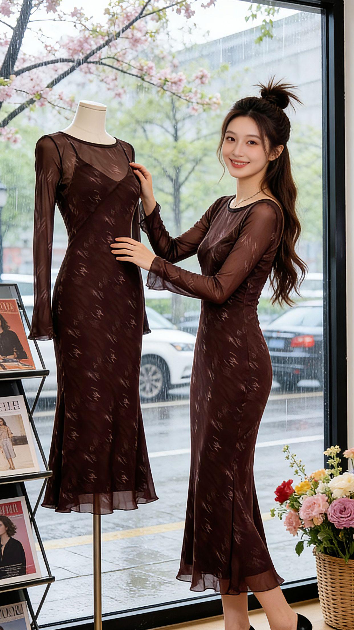 春天的每一场赴约，都少不了这条氛围感法式连衣裙。网纱罩衫+吊带裙两件套，温柔的印