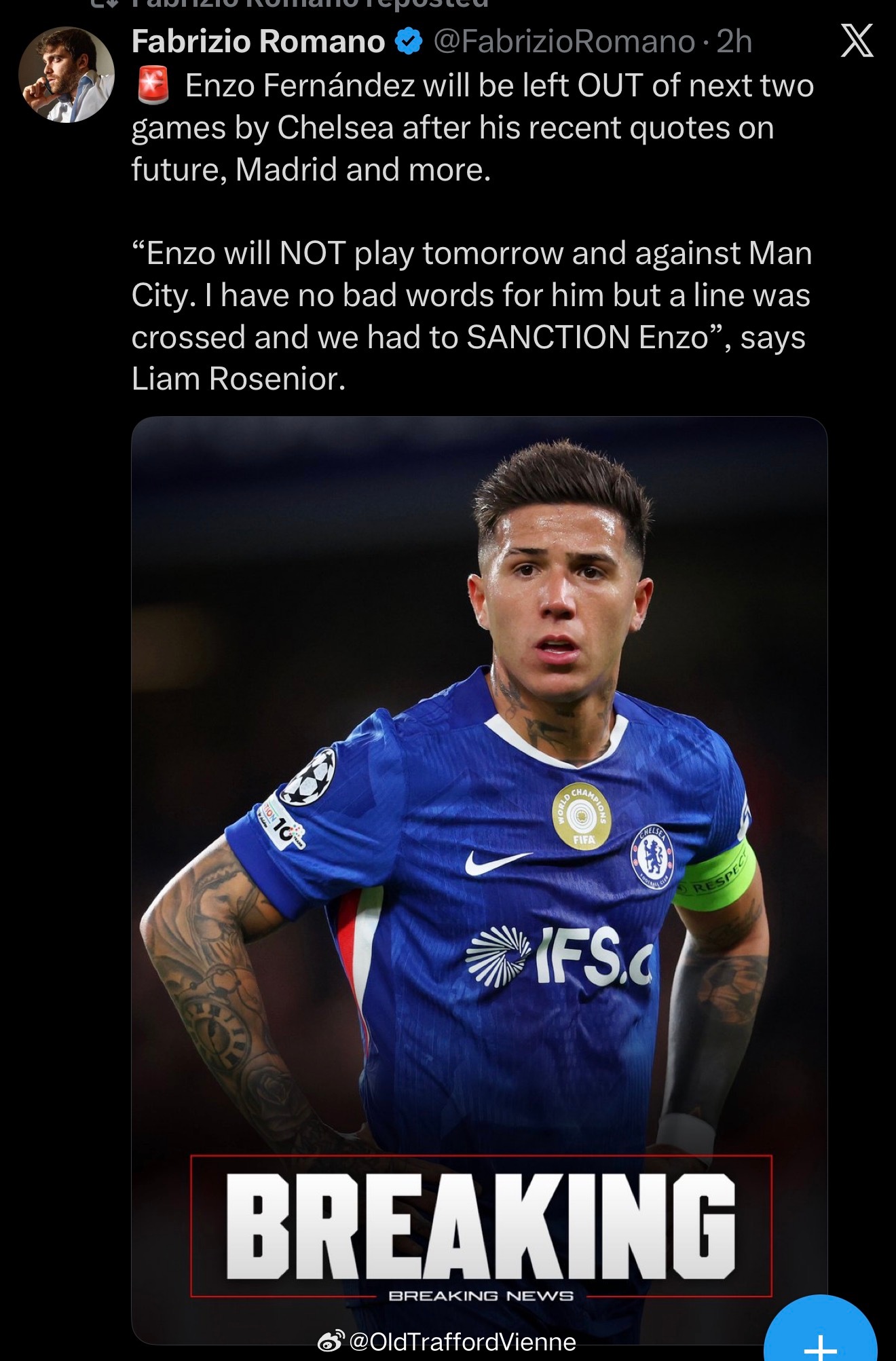 切尔西主帅：恩佐不会参加明天的比赛和之后对阵曼城的比赛。不是私人恩怨，但他的言论