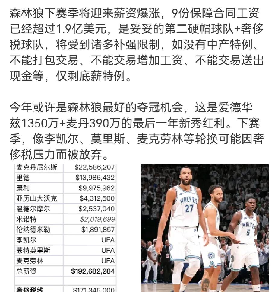 争冠窗口通常比想象的要短
哪怕是核心都很多年轻的森林狼，现在的劳资协议让一只球队