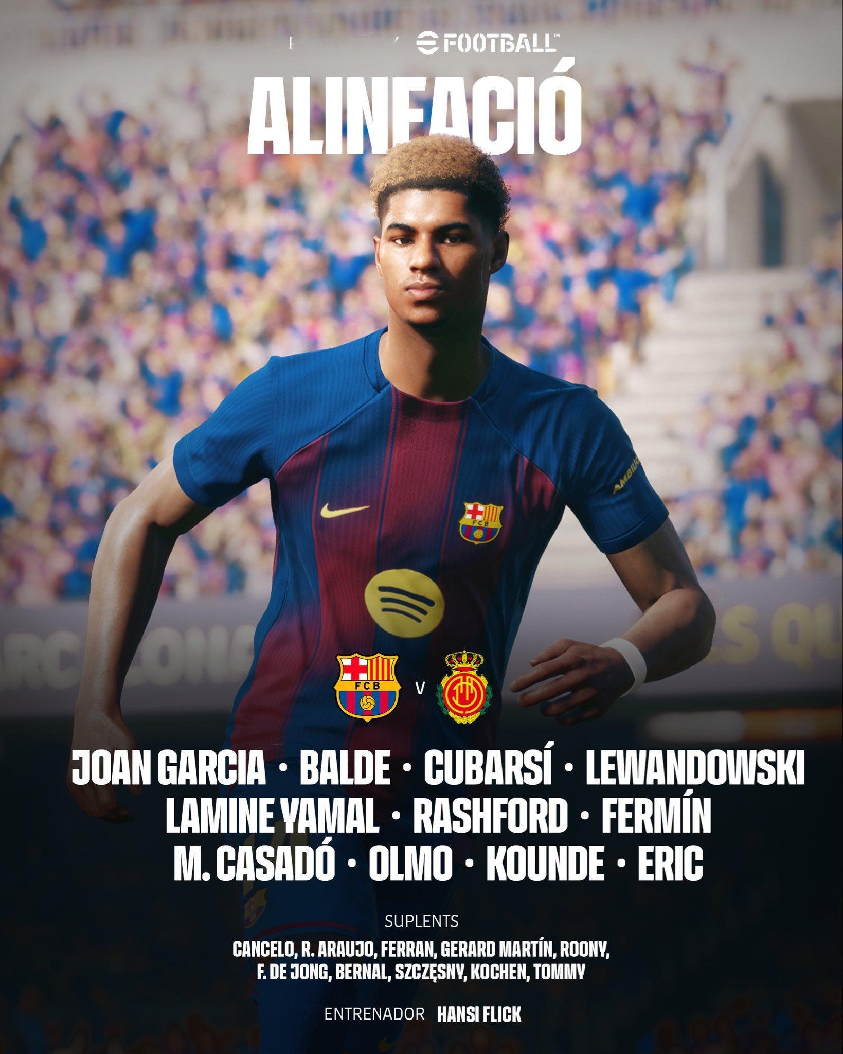 巴萨对阵马洛卡首发阵容：胡安-加西亚，孔德，库巴西，埃里克-加西亚，巴尔德，卡萨