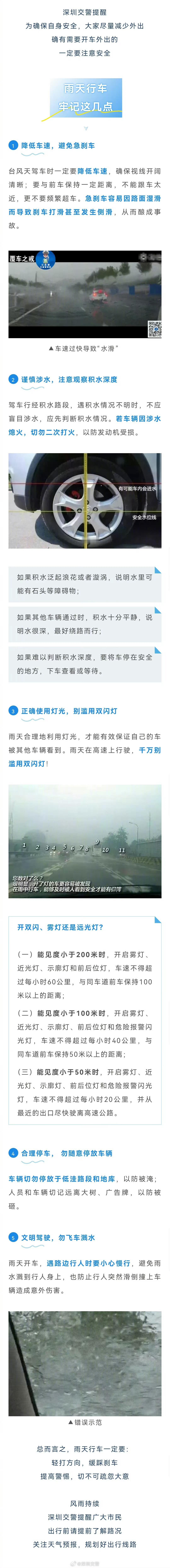 台风天，暴雨天等恶劣天气开什么灯？深圳交警对下雨天开什么灯做出了明确指示：能见度