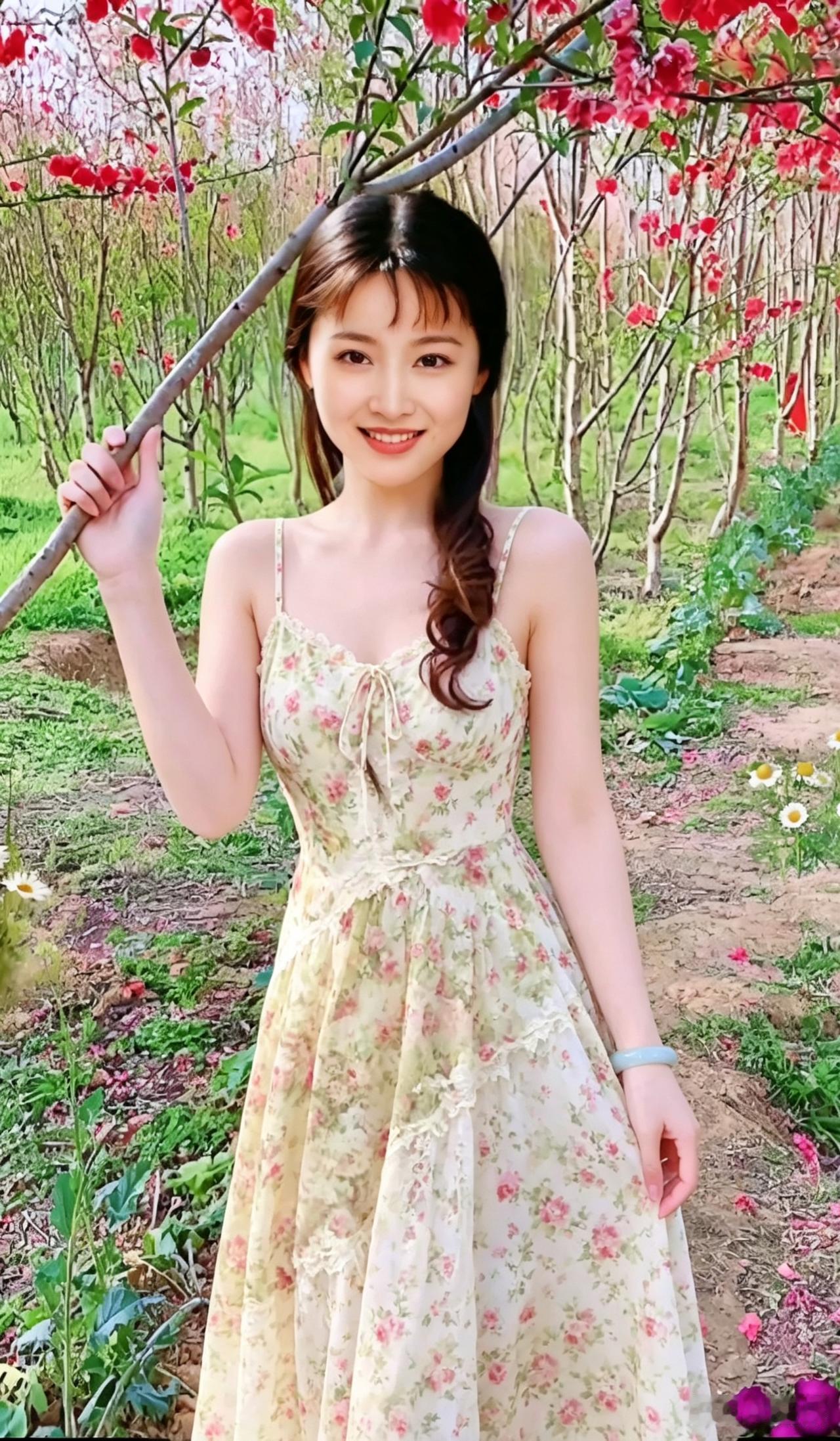 穿花裙的女孩在花园里微笑。