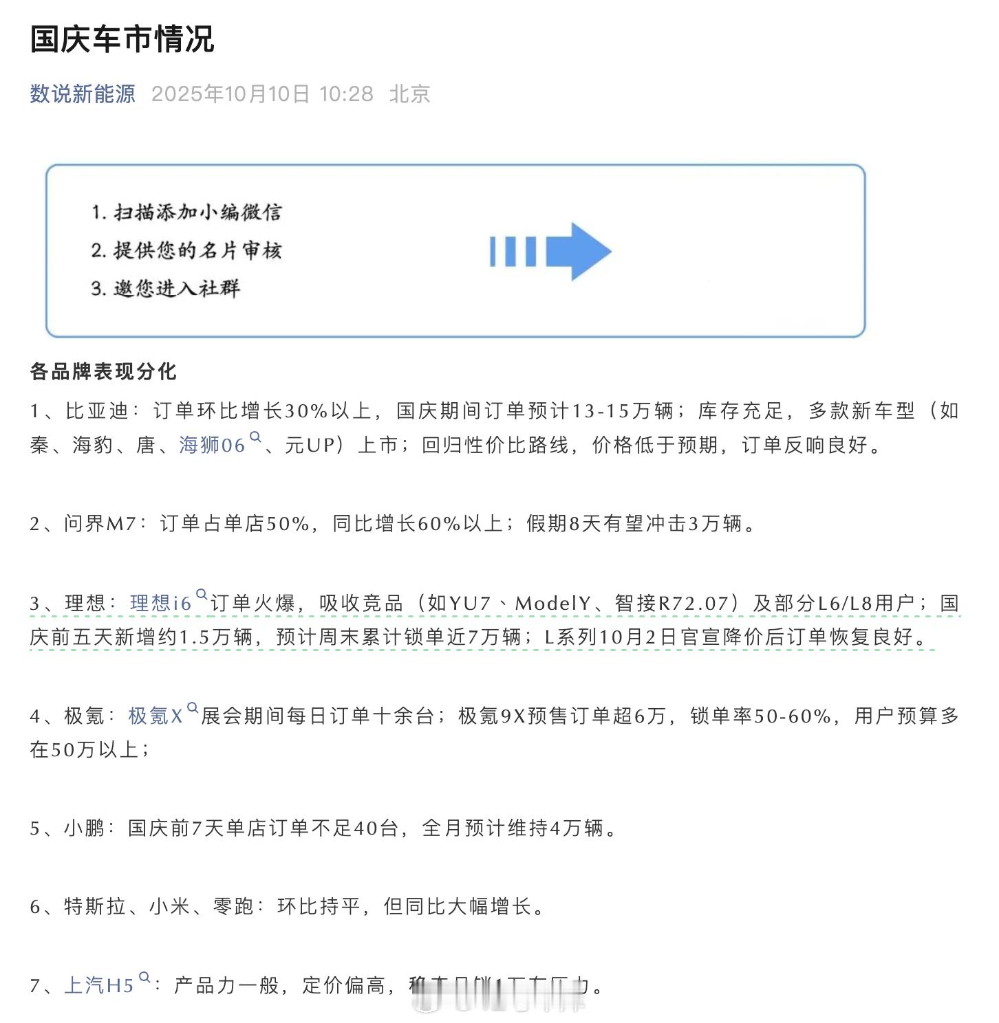 《数说新能源》发布的国庆车市情况，问界 M7、理想 i6、极氪 9X 都卖得不错