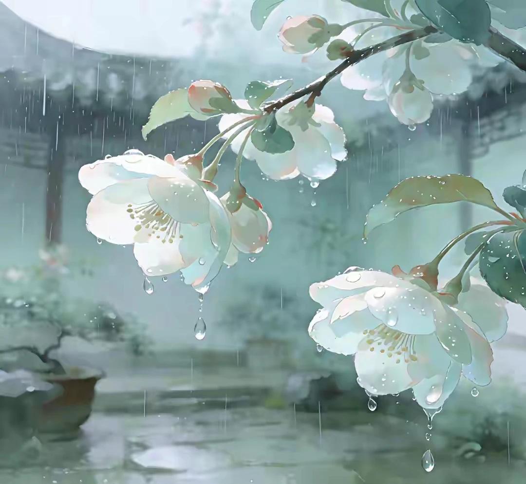 忽如一夜春风来，
千树万树梨花开。
梨花带雨，
绿肥红瘦。