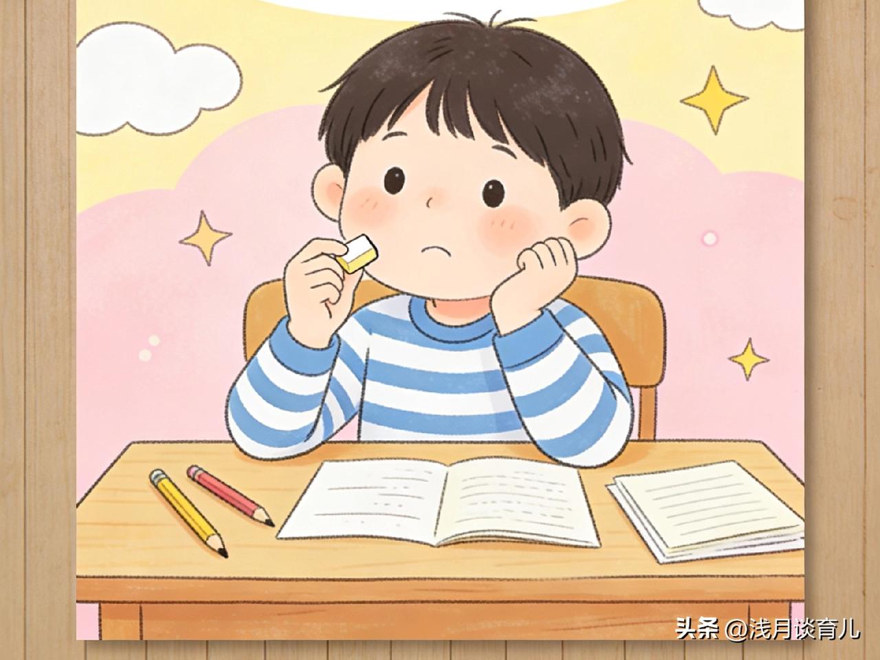 很多孩子写作业都有这个毛病：
一坐书桌就喊渴、要上厕所，橡皮抠得坑坑洼洼，半小时