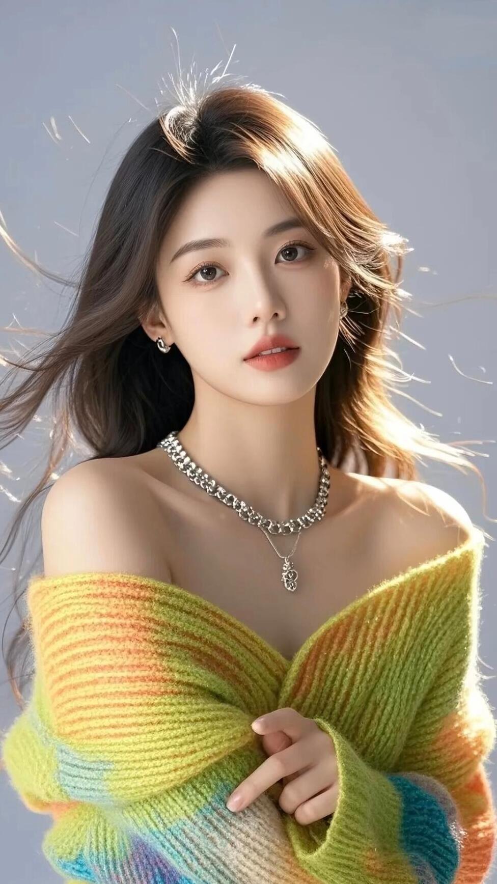 温柔甜美的少女，彩色毛衣搭配闪亮项链，散发迷人魅力！🌈✨