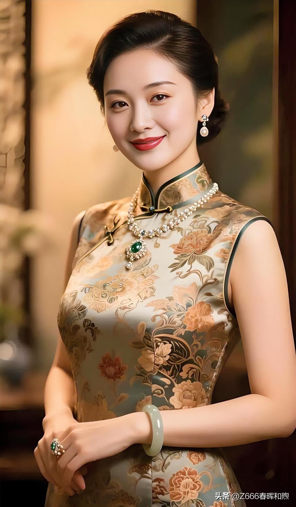 锦缎旗袍勾勒曼妙曲线，珍珠翡翠点缀温婉，东方气韵在优雅中静静流淌，尽显端庄之美。