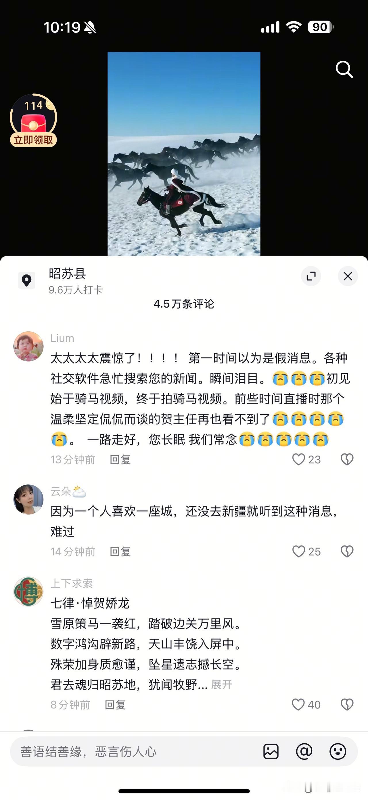 刚听到你离开的消息，心里猛地一沉。
还记得你一袭红衣策马雪原的样子，那么鲜活热烈