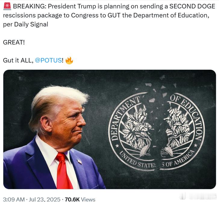 特朗普总统计划向国会发送第二份DOGE削减预算方案，以大幅裁减教育部。 ​​​