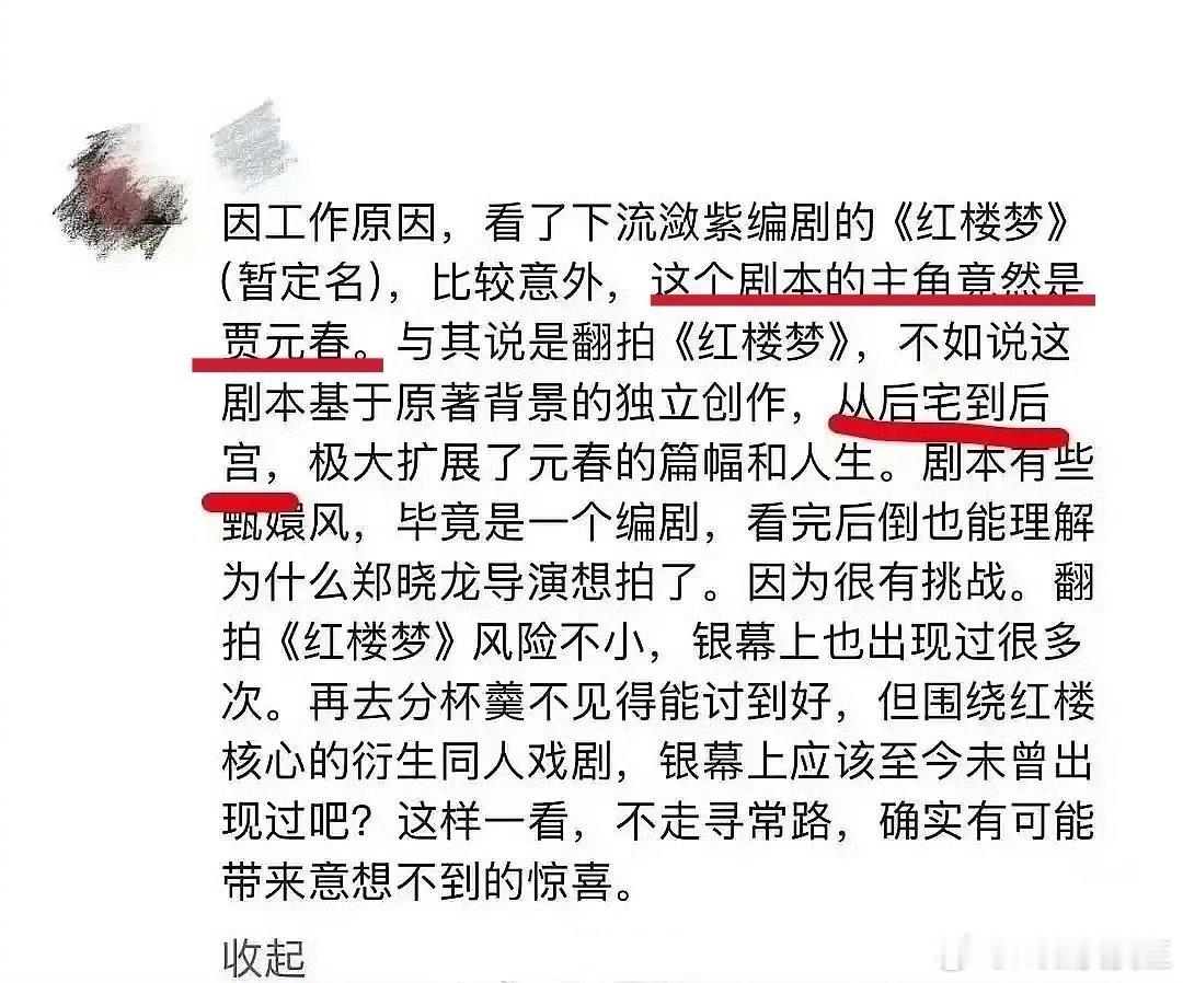 郑晓龙执导的《新红楼梦》主角是贾元春，讲的后宅到后宫……联想到编剧流潋紫过往的作