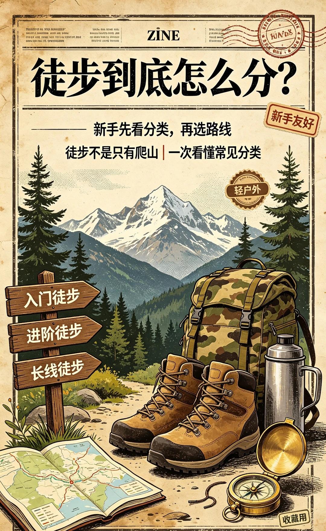 徒步类型到底怎么分？新手先看这篇
很多人提到徒步，第一反应就是 “爬山”。
但徒