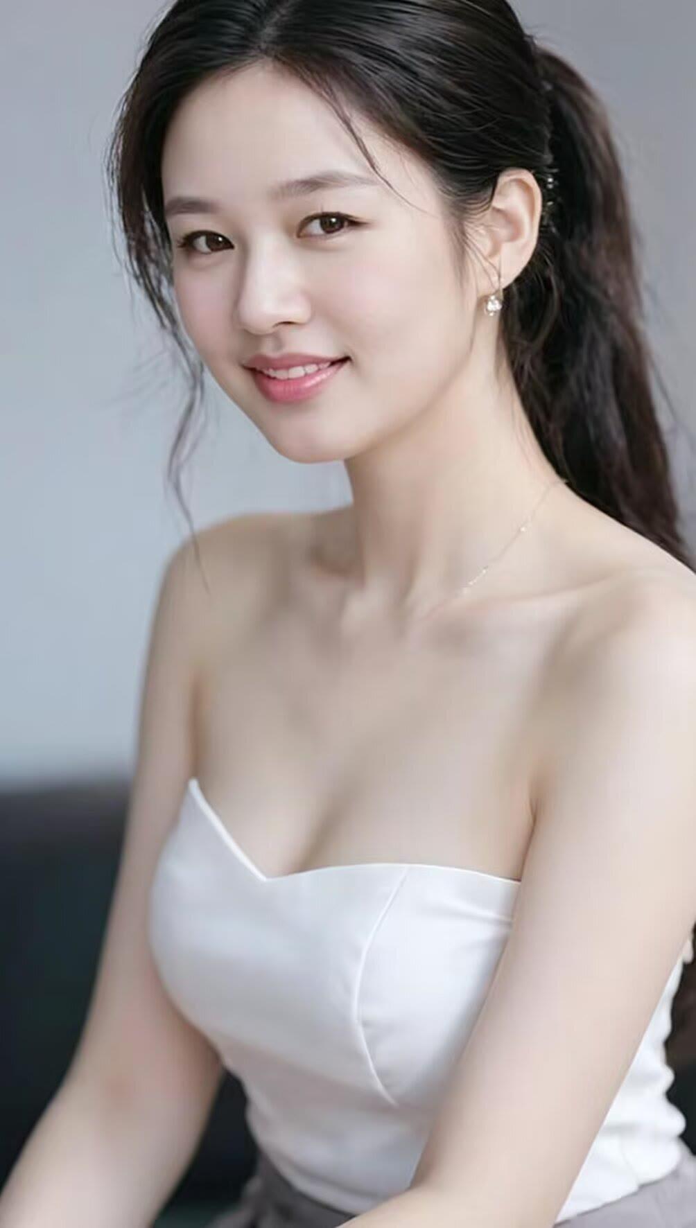 温柔甜美的微笑，优雅的白裙，自然的光线，完美无瑕的肌肤，散发着迷人的魅力。