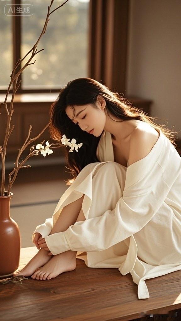 温柔氛围，白衣少女与花枝相伴，静谧美好。