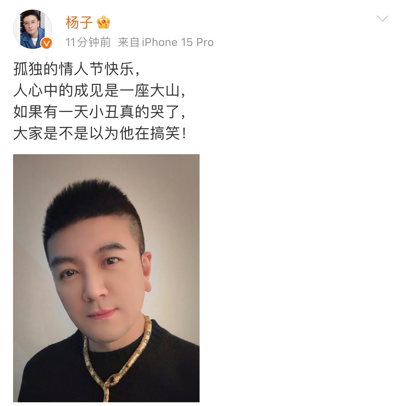 杨子说“孤独的情人节快乐，人心中的成见是一座大山。。小丑哭了。。以为他在搞笑。”