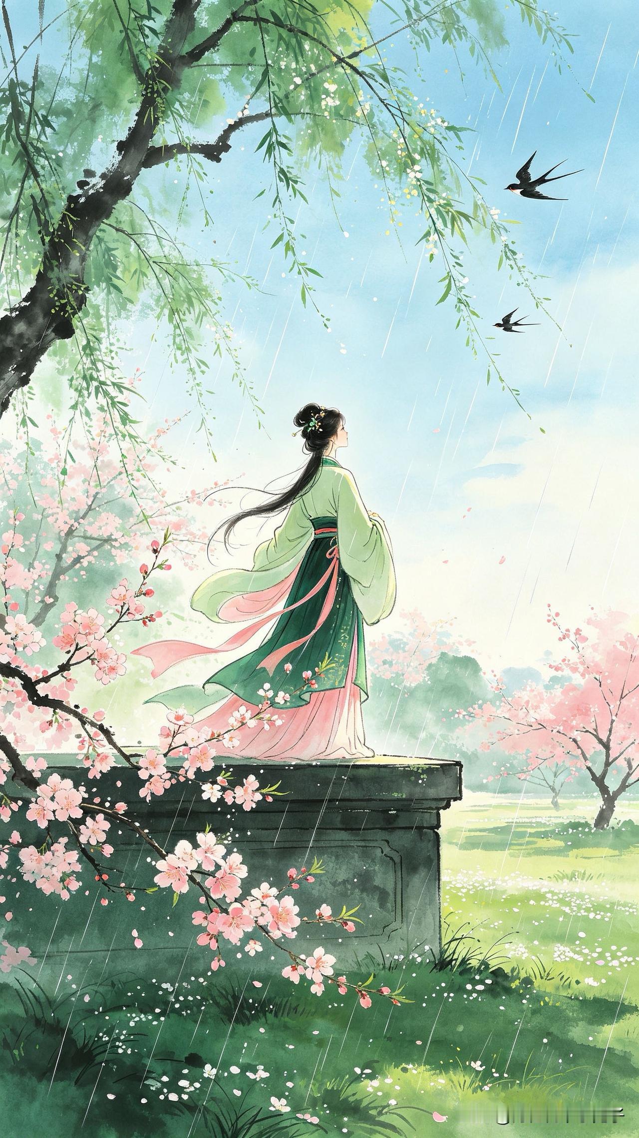 春风拂面暖融融，
燕子呢喃柳色葱。
细雨无声润芳草，
       
…………请