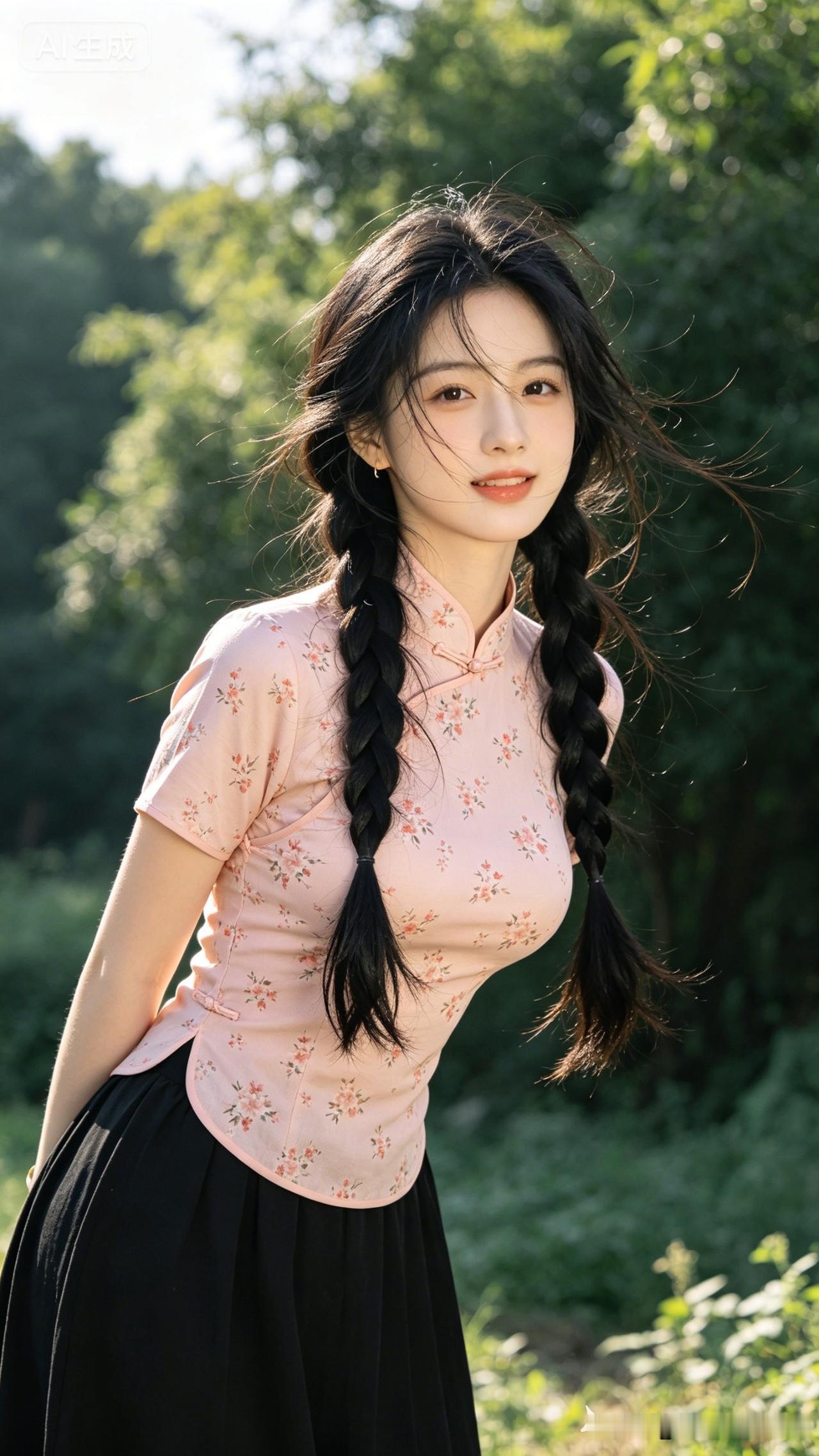 夏日少女风，粉色旗袍裙，绿意盎然中，优雅动人。
