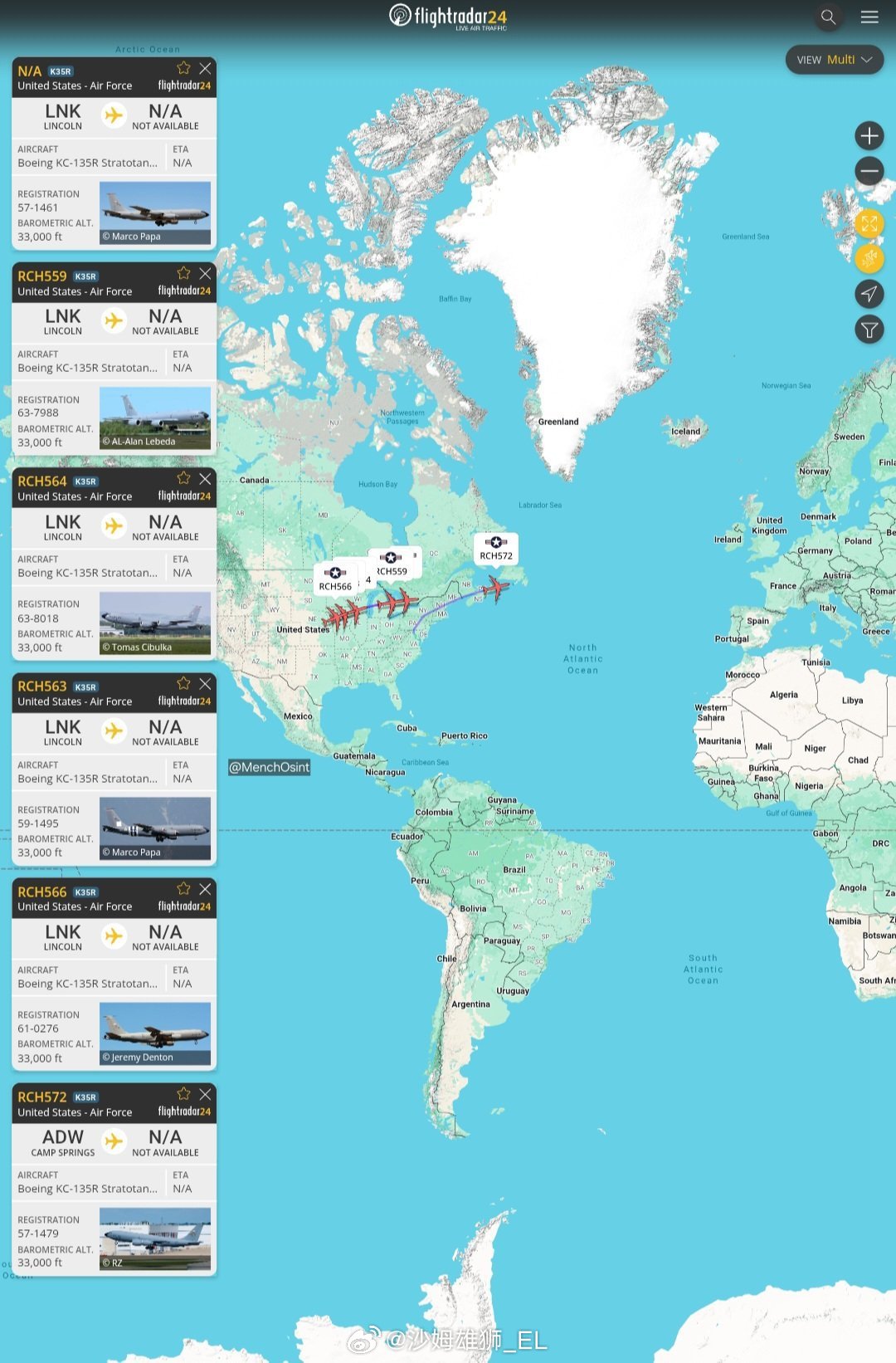 8架美军加油机从本土起飞前往欧洲/中东方向，似乎没有战斗机/轰炸机伴随。 