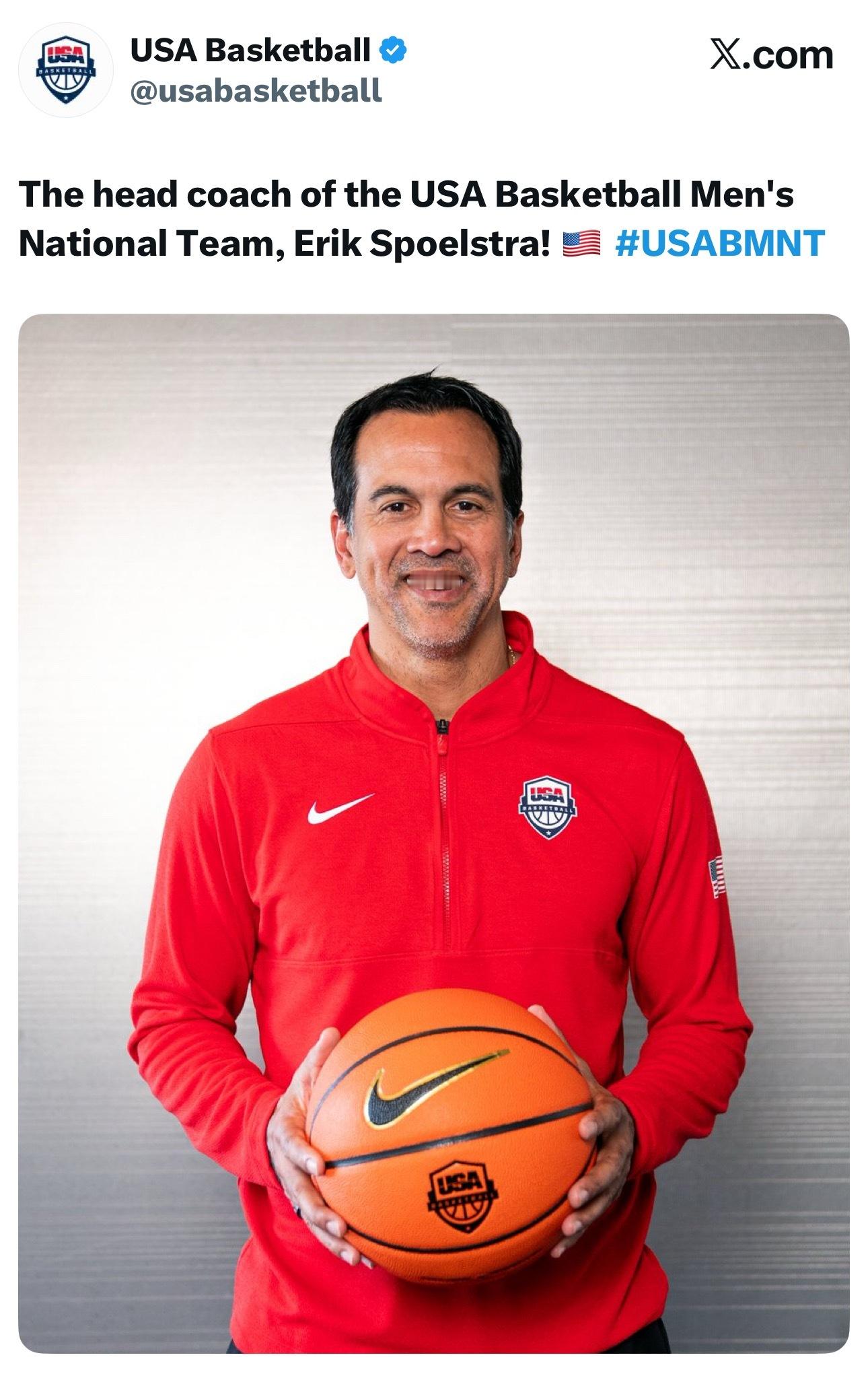 美国男篮官宣：埃里克·斯波尔斯特拉成为新主帅！祝贺斯波[握手] ​​​