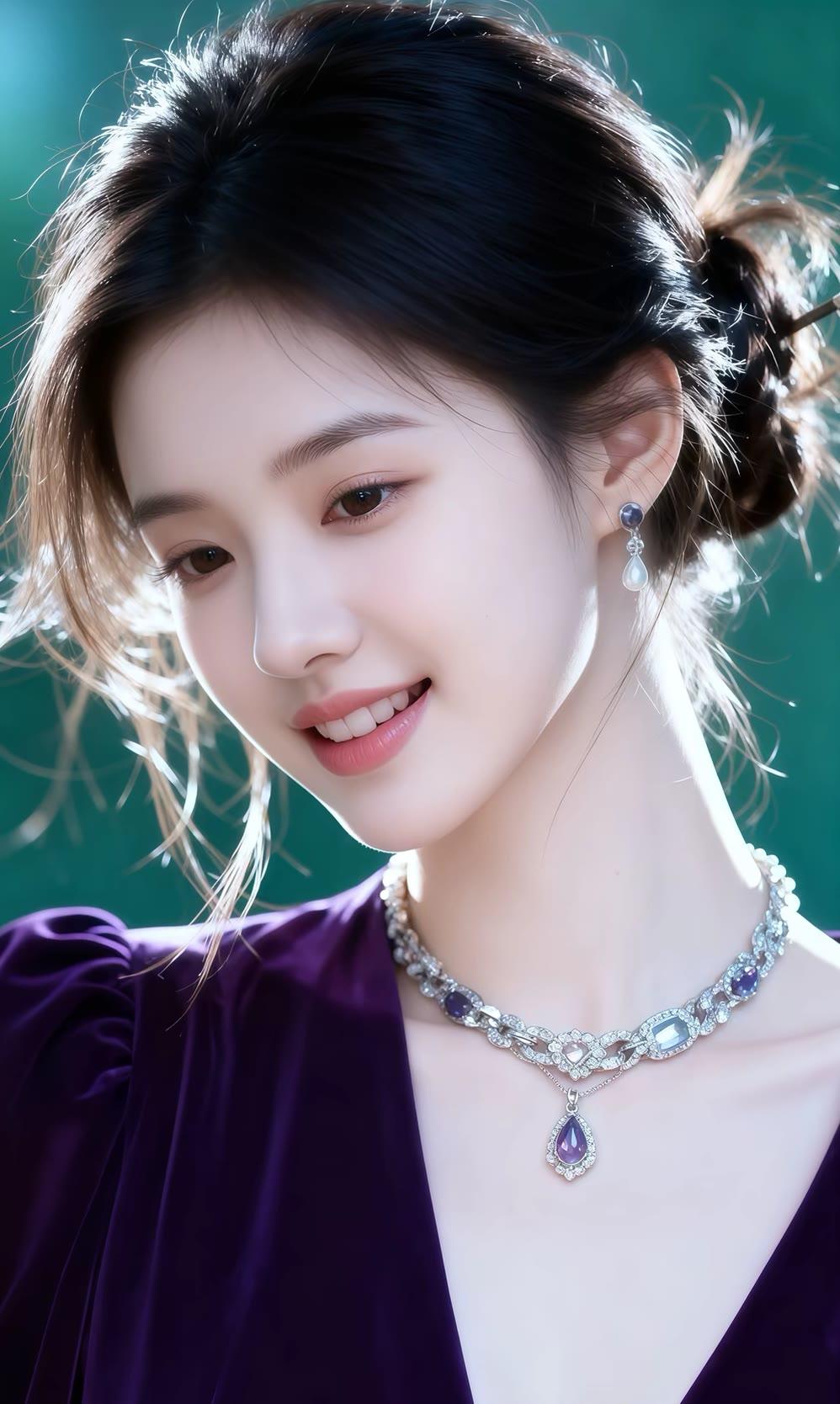 优雅紫衣少女，闪耀珠宝项链，微笑迷人！💜✨