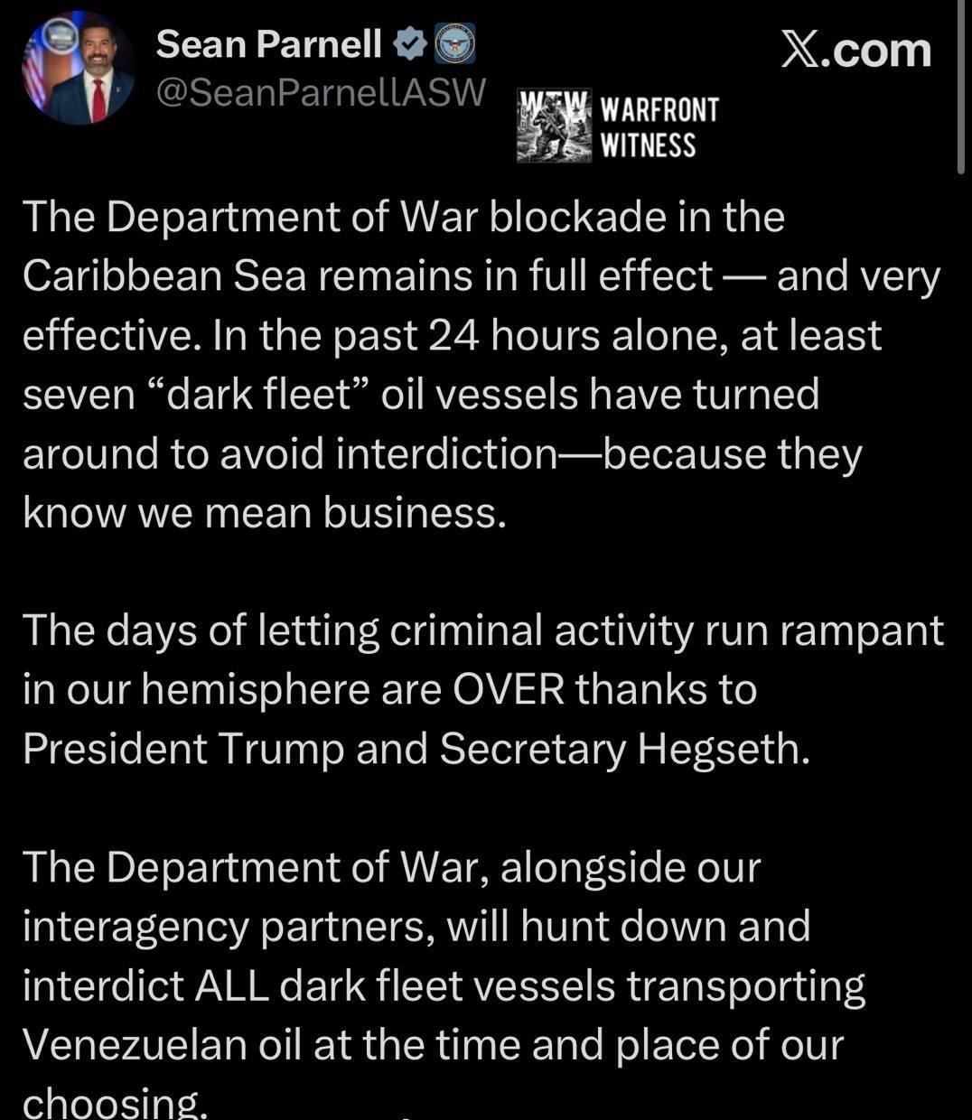 ⚡️🇺🇸🇻🇪美国国防部发言人帕内尔报告称，在过去24小时内，七艘油轮为避