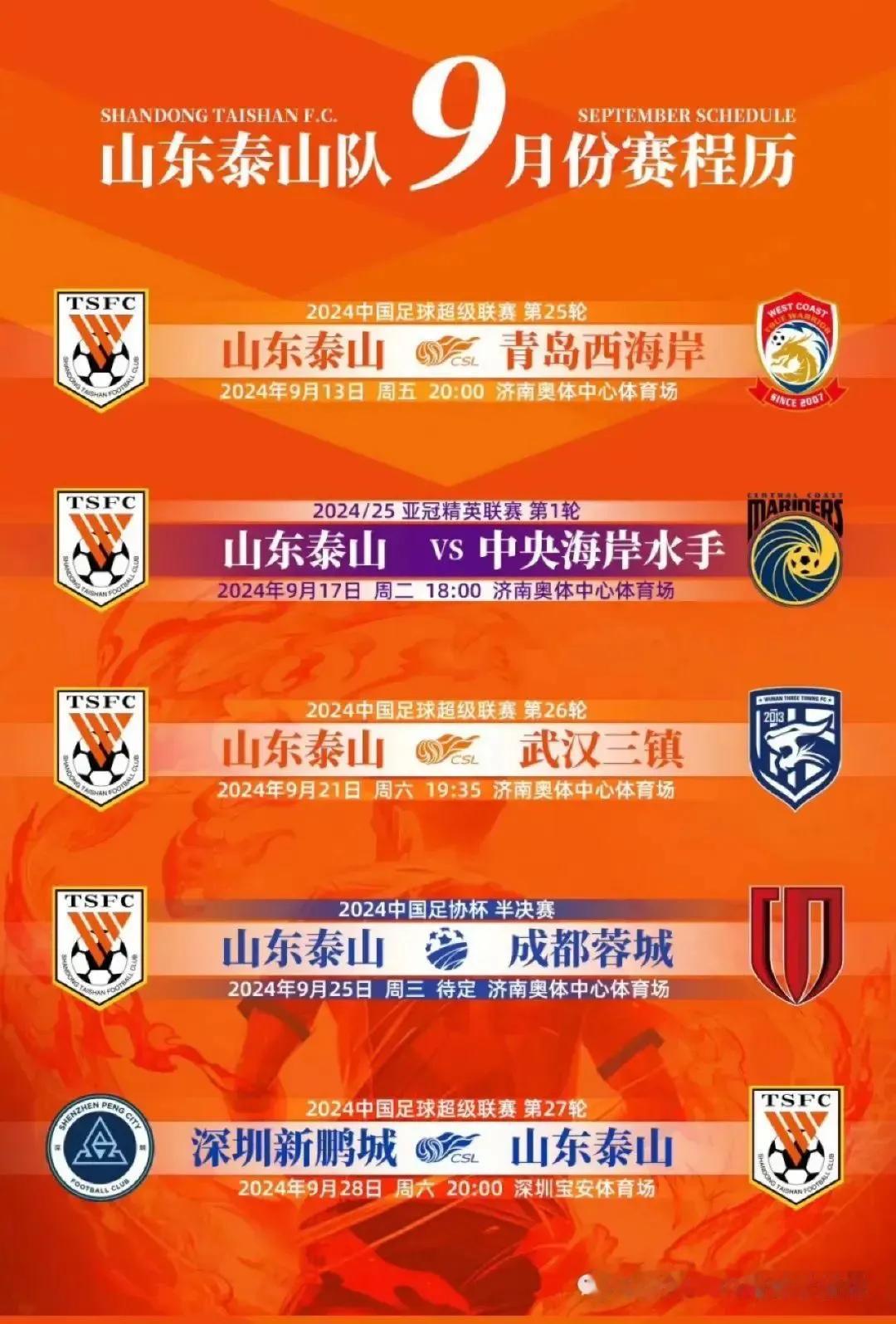 九月泰山队赛程密集，三线作战，主场多。