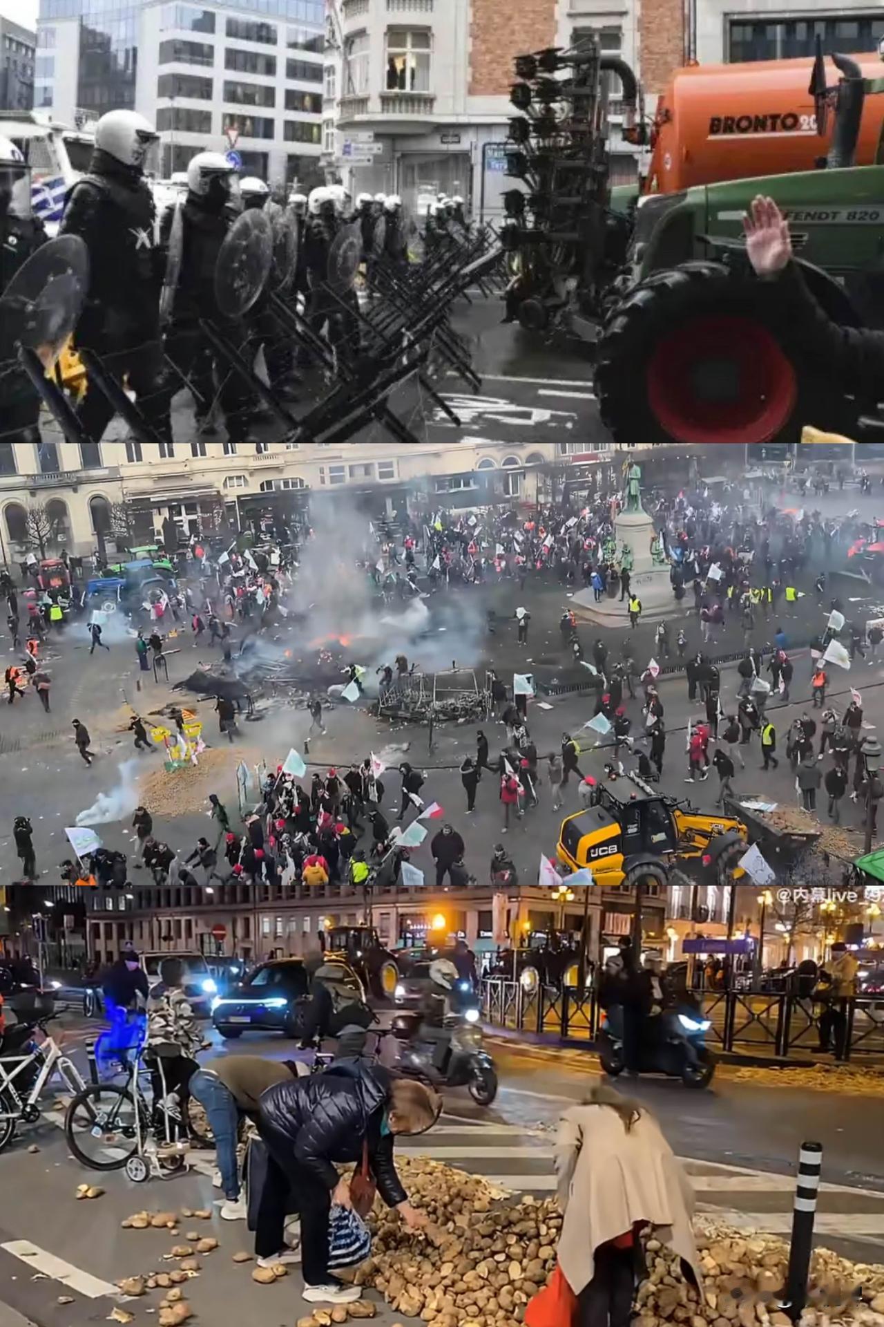 欧盟峰会现场，上万农民在布鲁塞尔抗 议！他们开着拖拉机封锁了中心道路和欧盟总部，