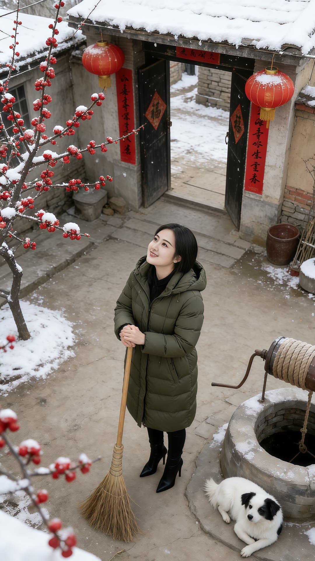 冬日暖阳下，红灯笼映照着幸福生活，扫帚轻拂着岁月的尘埃。