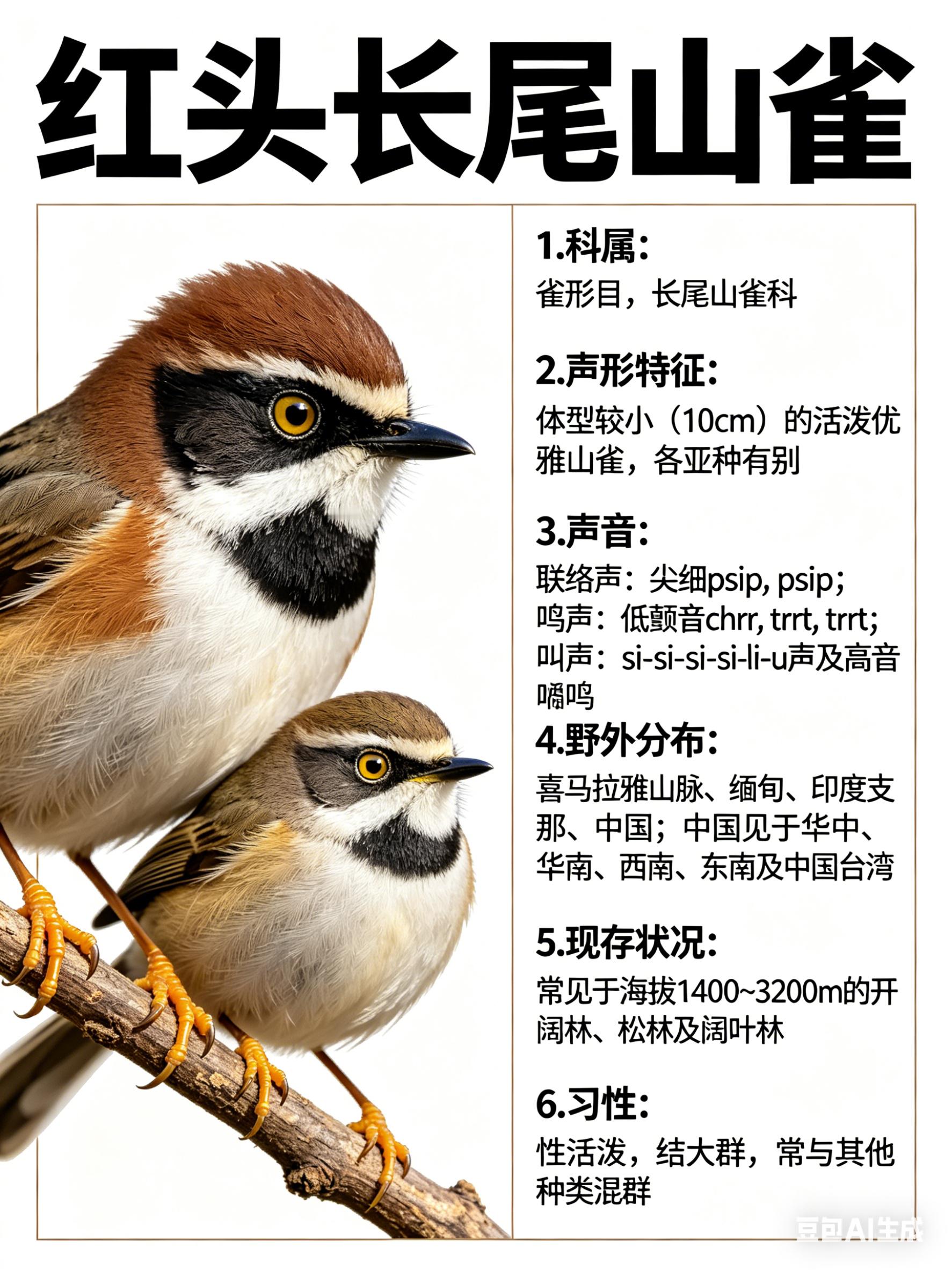 鸟类朋友图鉴 红头长尾山雀·科属：雀形目，长尾山雀科。·外形特征：体型较小（10