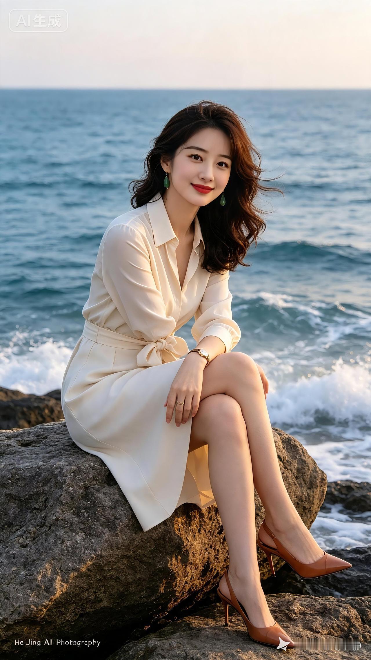 海边闲思（大白话八句）
海风缱绻拂海边，
素衣女子坐礁岩。
着装素简无繁杂，
眉
