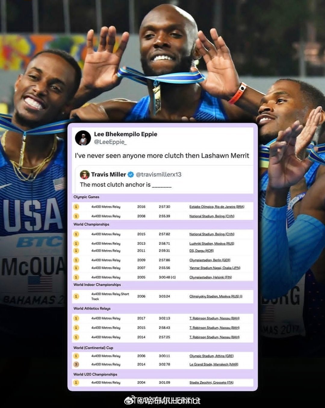 勾起了青少时期的记忆，有梅里特的美国4x400接力队，那是真的稳田径说一哈你不知