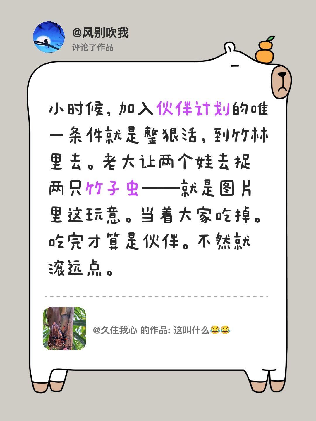我评论了@久住我心 的作品：
小时候，加入伙伴计划的唯一条件就是整狠活，到竹林里