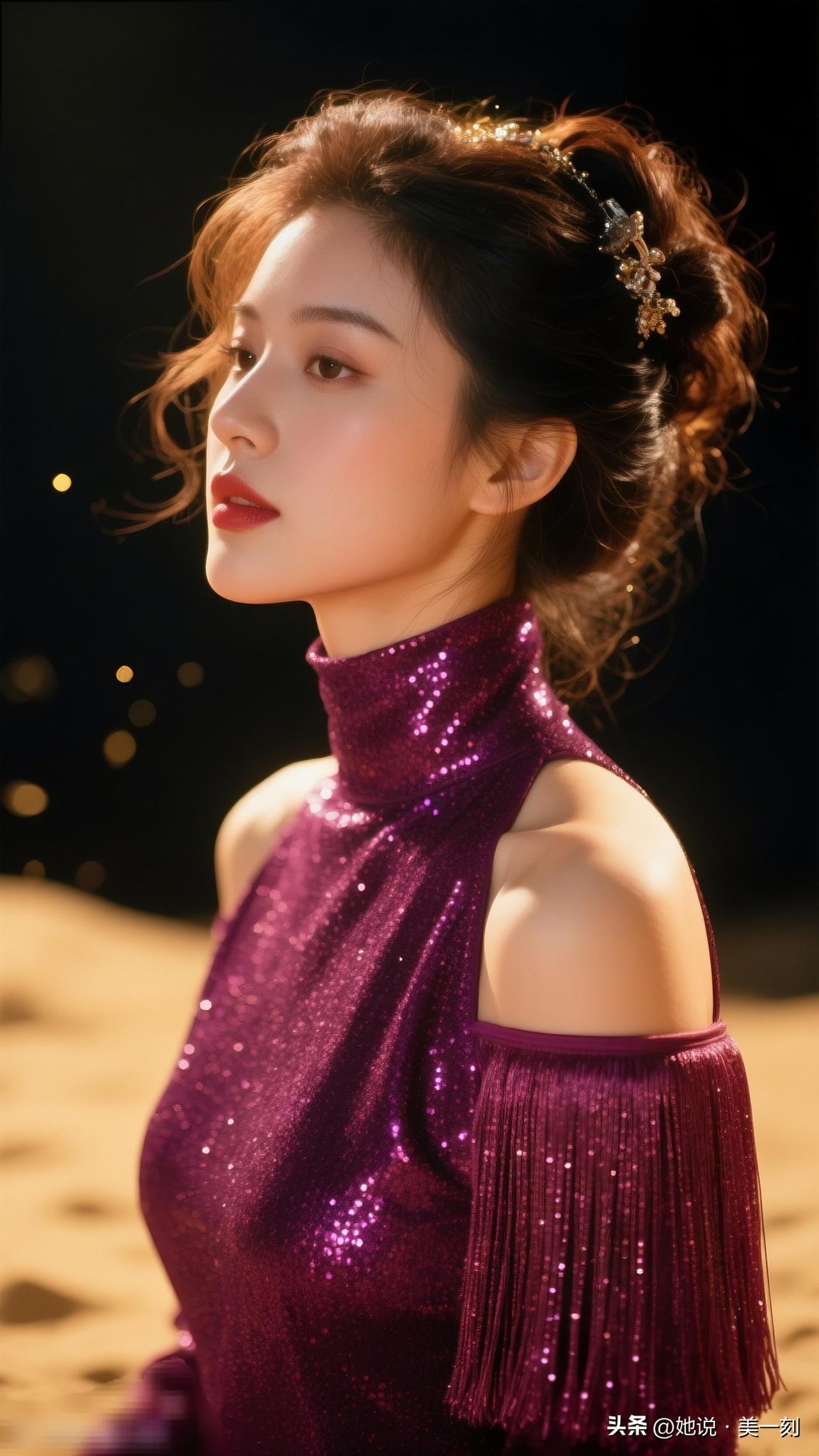 夜色中的迷人仙女，紫色亮片裙装，闪耀夺目！🌟✨哪个明星穿搭很有高级感