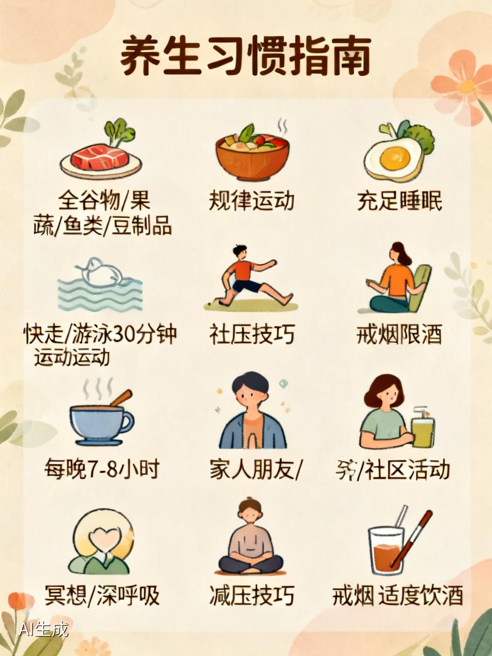 想延年益寿，这些养生习惯得安排上。首先是均衡饮食，多吃高纤维、低脂肪食物，像全谷