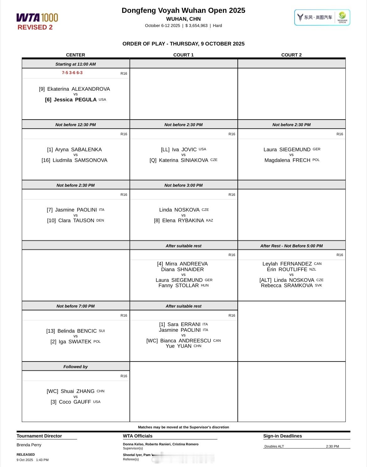 2025武网今日赛程调整均依据WTA赛事标准执行。据WTA高温规则，当热应激指数