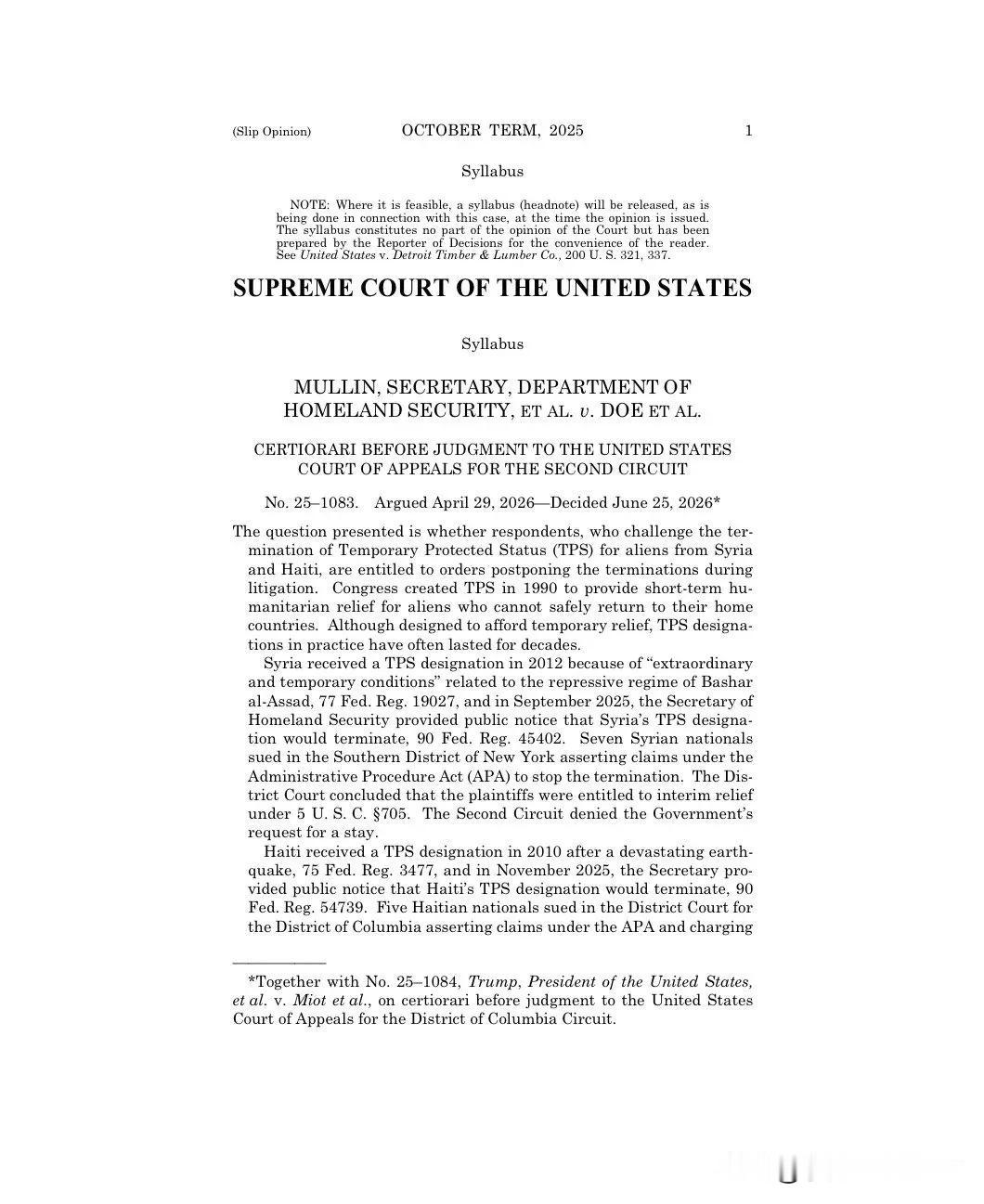 🚨突发：美国最高法院以6-3的裁决支持特朗普政府，终止对35万海地人和6000