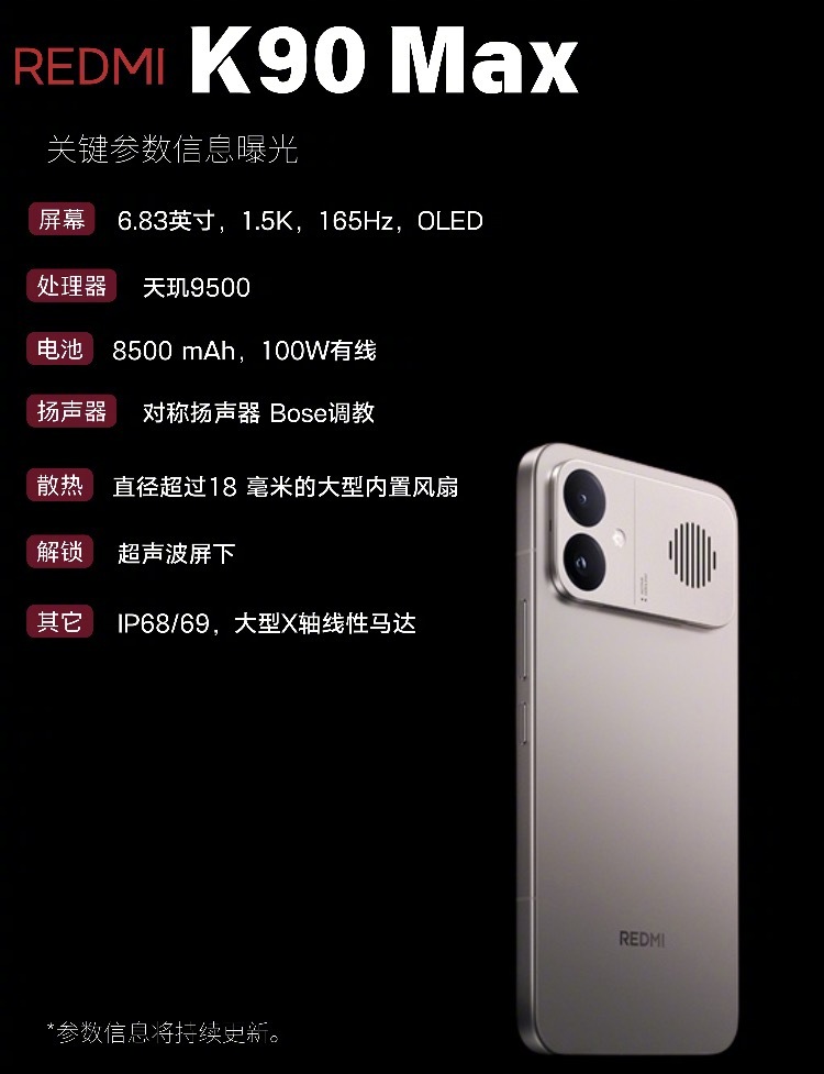 Redmi K90 Max官方渲染图曝光，机身采用冷色调银色涂装，搭配铝合金扁平