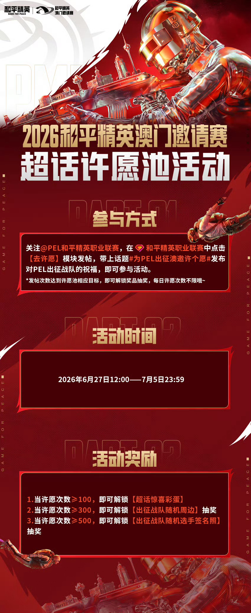 为PEL出征澳邀许个愿 关注，在超话中点击【去许愿】模块发帖，带上话题为PEL出