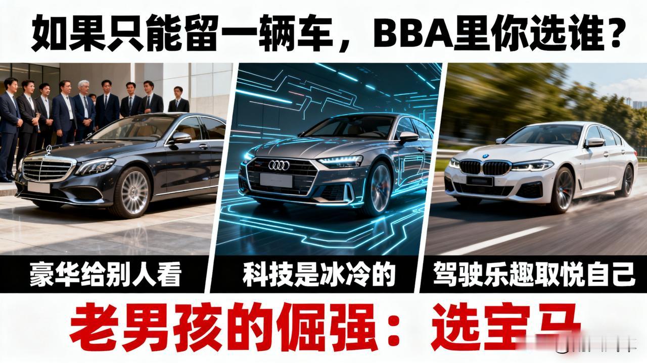 如果只能留一辆车，BBA里你选谁？

我选宝马。奔驰的豪华是给别人看的，奥迪的科