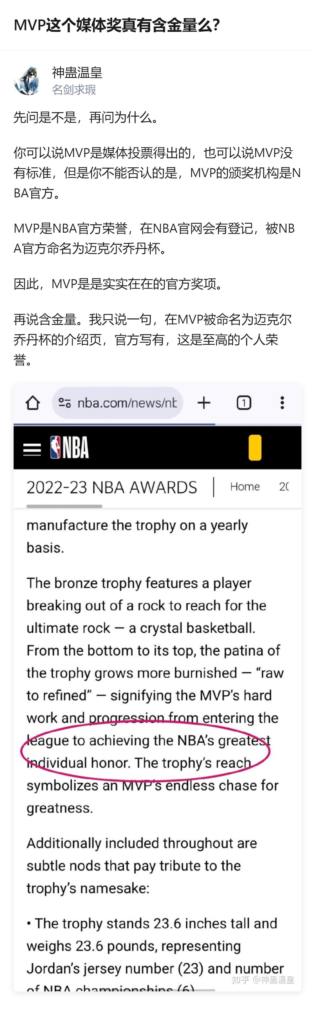 这个回答明确了MVP的核心属性：它是NBA官方认证的荣誉，还被命名为迈克尔乔丹杯