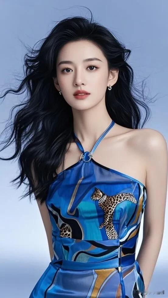 钴蓝裙身印着豹纹与抽象线条，挂领设计衬出纤薄肩颈。墨色卷发随微风轻扬，在浅蓝底色
